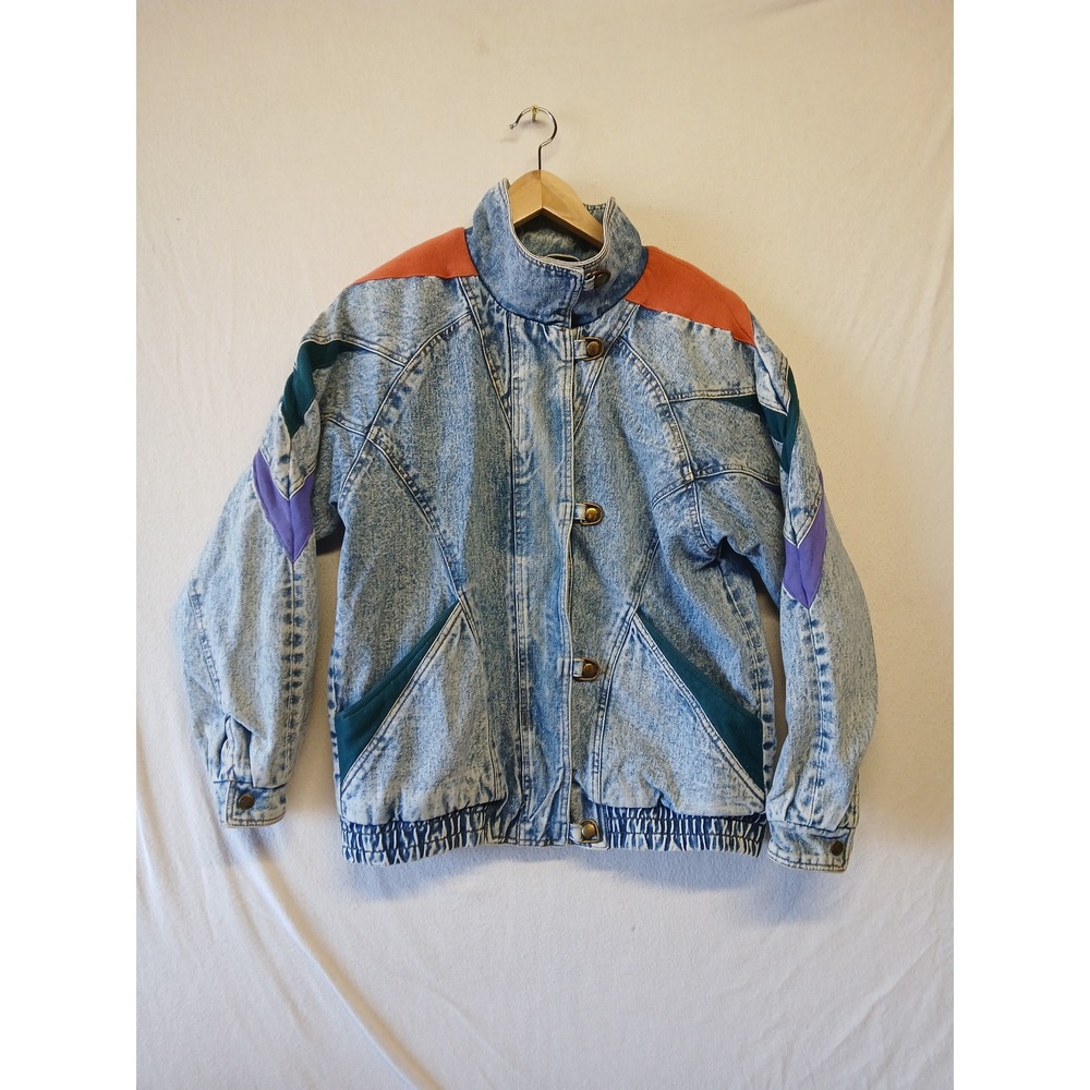 Vintage 80s acid wash flannel lined bomber jacket weathered blues Patchwork